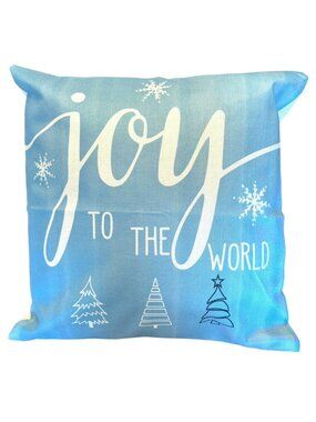 Joy To The World - Lettering - Blue Holiday Pillow Cover - Snow Winter Trees